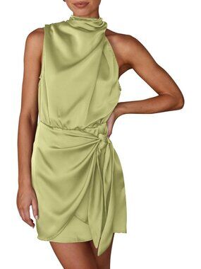 Women's Tender Green Sleeveless Mock Neck Formal Satin Tie Waist Tank Top Dress